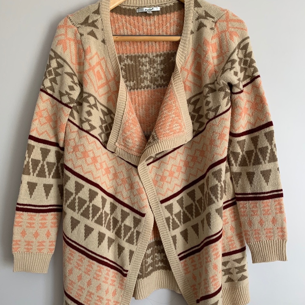 Long aztec print open cardigan